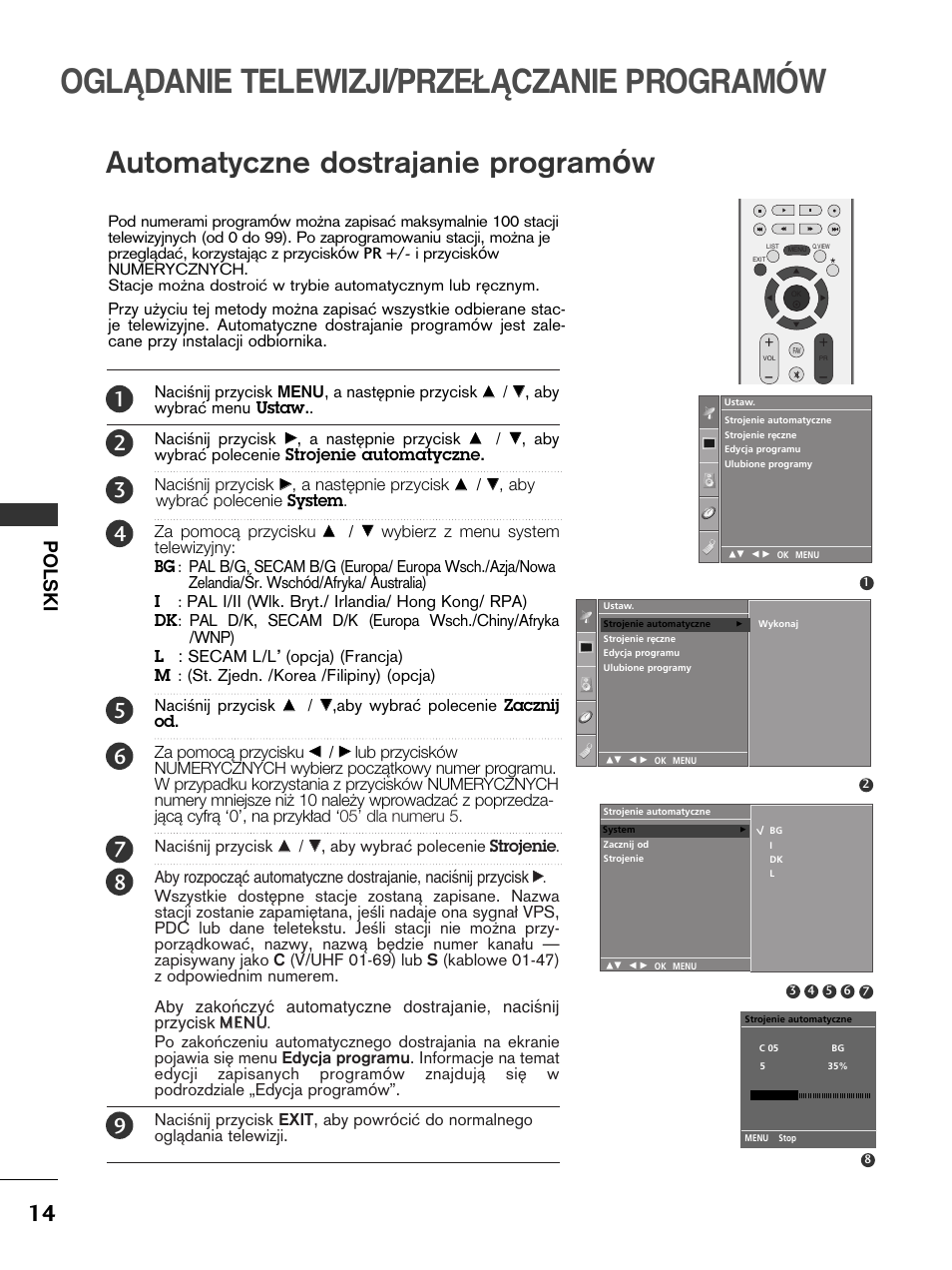 Oglądanie telewizji/przełączanie programów, Automatyczne dostrajanie program, Polski | LG 50PC51 User Manual | Page 202 / 448