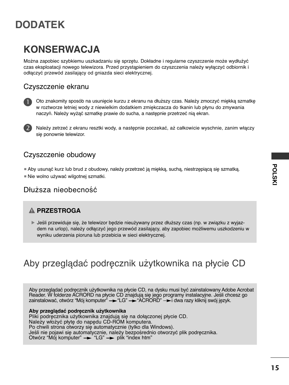 Dodatek, Konserwacja, Aby przeglądać podręcznik użytkownika na płycie cd | Czyszczenie ekranu, Czyszczenie obudowy, Dłuższa nieobecność | LG 50PC51 User Manual | Page 203 / 448