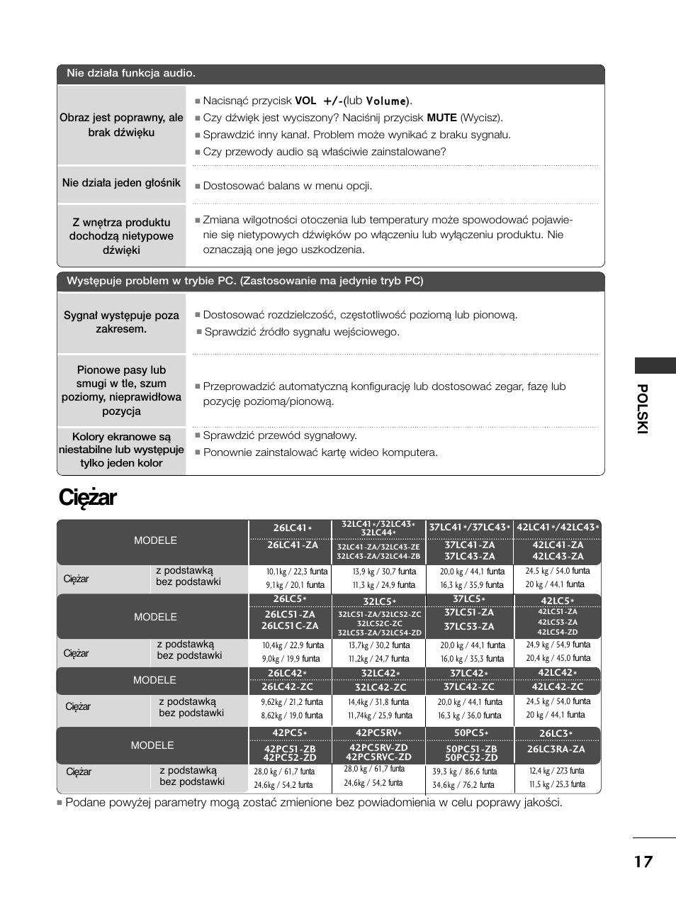 Ciężar, Polski | LG 50PC51 User Manual | Page 205 / 448
