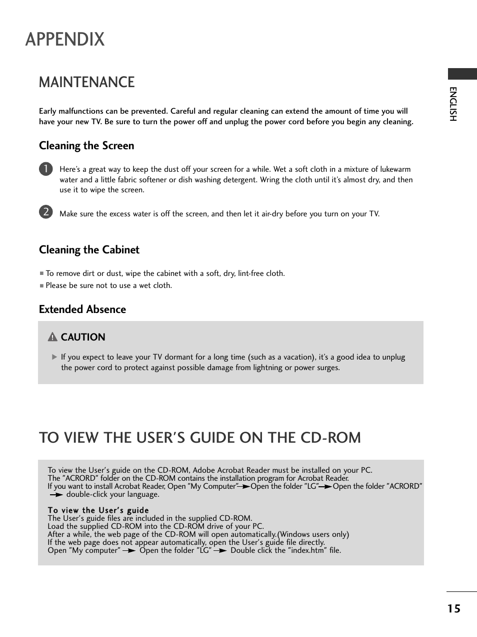 Appendix, Maintenance to view the user's guide on the cd-rom, Cleaning the screen | Cleaning the cabinet, Extended absence | LG 50PC51 User Manual | Page 21 / 448