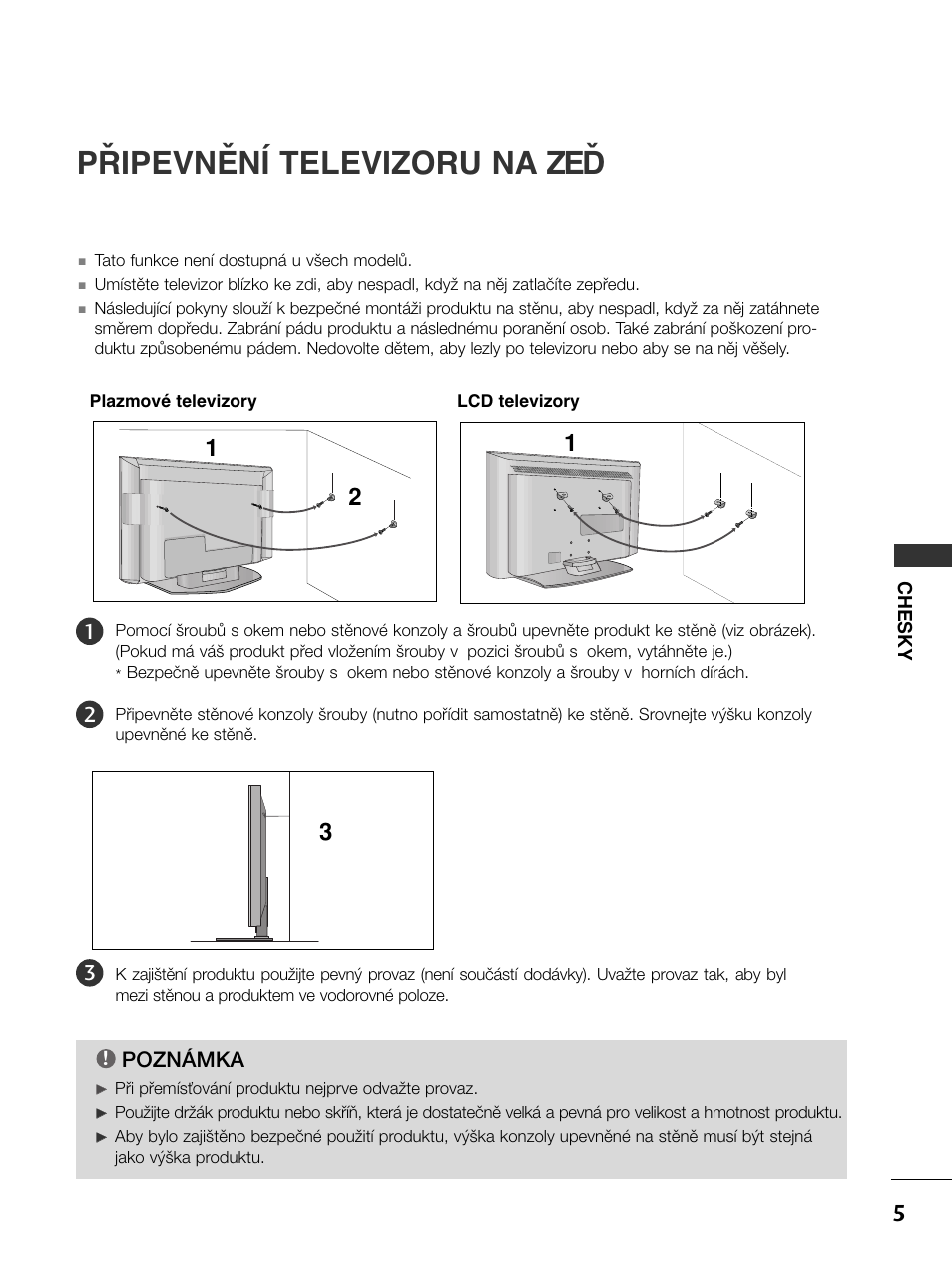 Připevnění televizoru na zeď, Poznámka | LG 50PC51 User Manual | Page 213 / 448