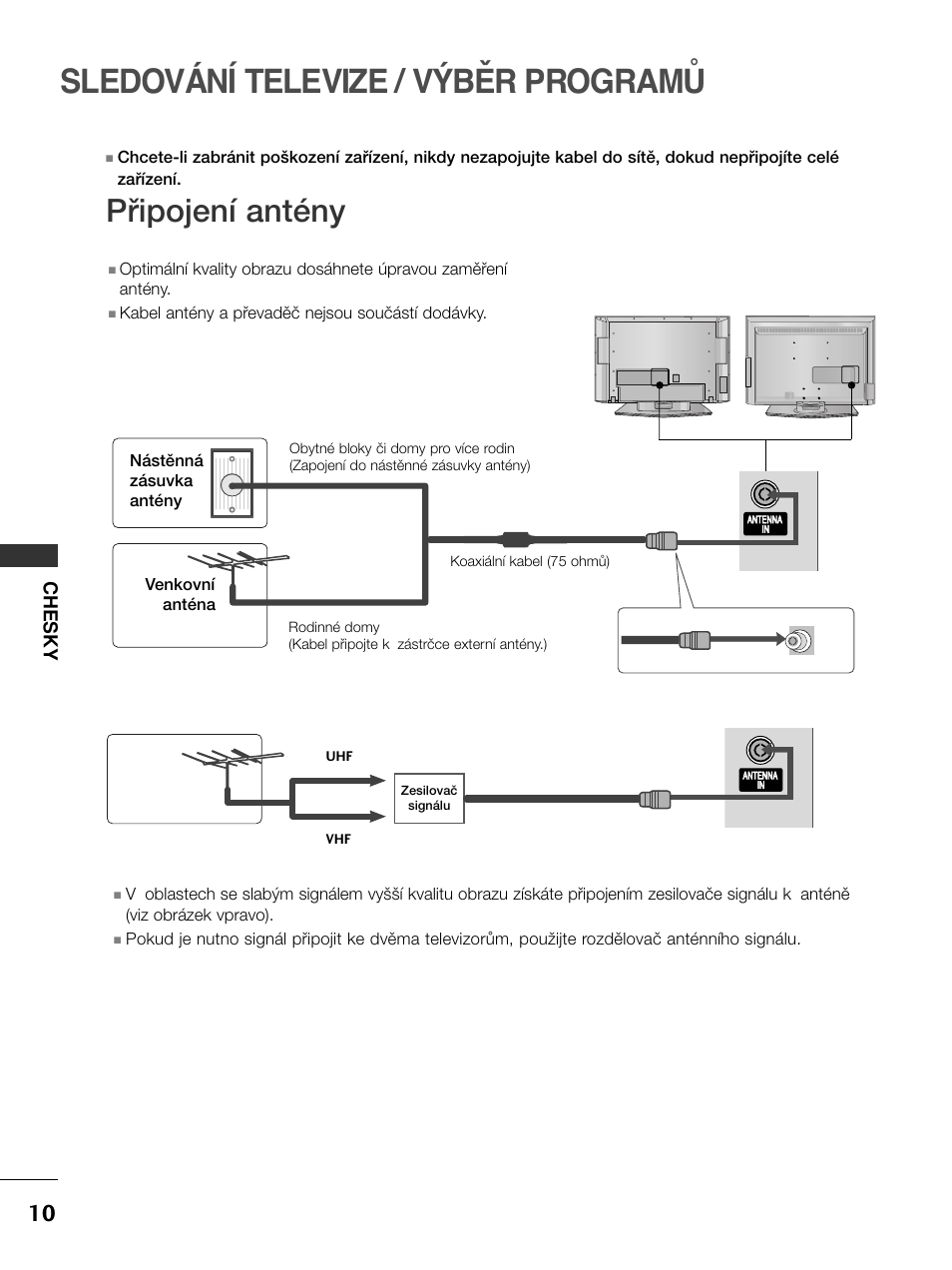 Sledování televize / výběr programů, Pﬁipojení antény, Chesky | Kabel antény a pﬁevadûã nejsou souãástí dodávky, Venkovní anténa nástûnná zásuvka antény, Koaxiální kabel (75 ohmû) uhf, Av 1 av 2, Zesilovaã signálu | LG 50PC51 User Manual | Page 218 / 448