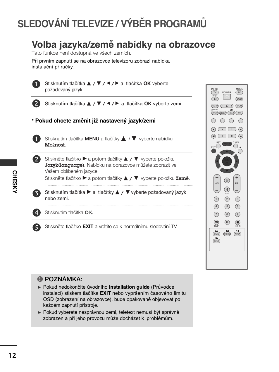 Sledování televize / výběr programů, Volba jazyka/země nabídky na obrazovce, Poznámka | Chesky, Pokud chcete změnit již nastavený jazyk/zemi | LG 50PC51 User Manual | Page 220 / 448