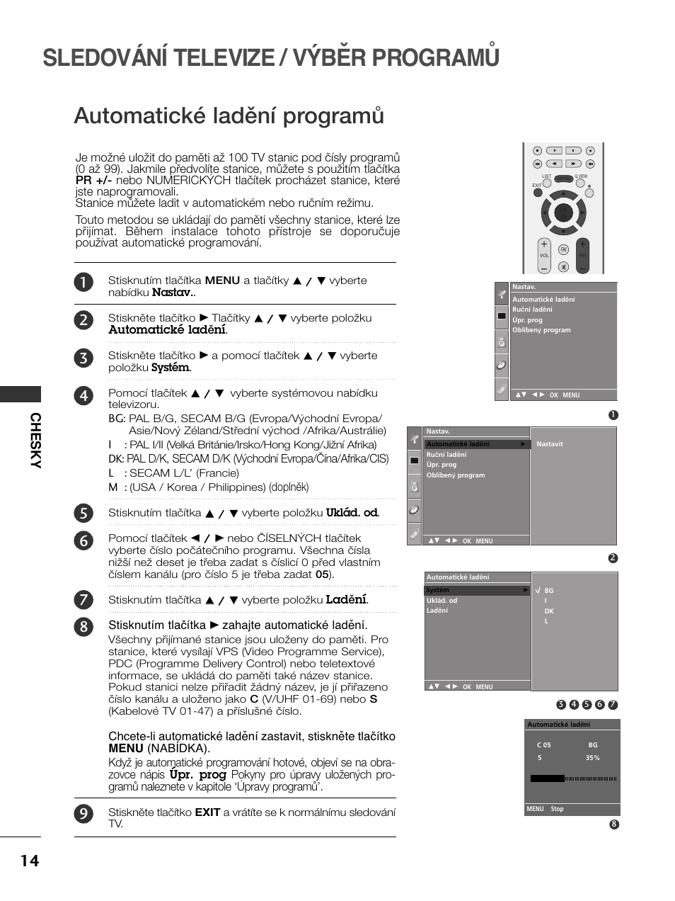 Sledování televize / výběr programů, Automatické ladûní programû, Chesky | LG 50PC51 User Manual | Page 222 / 448