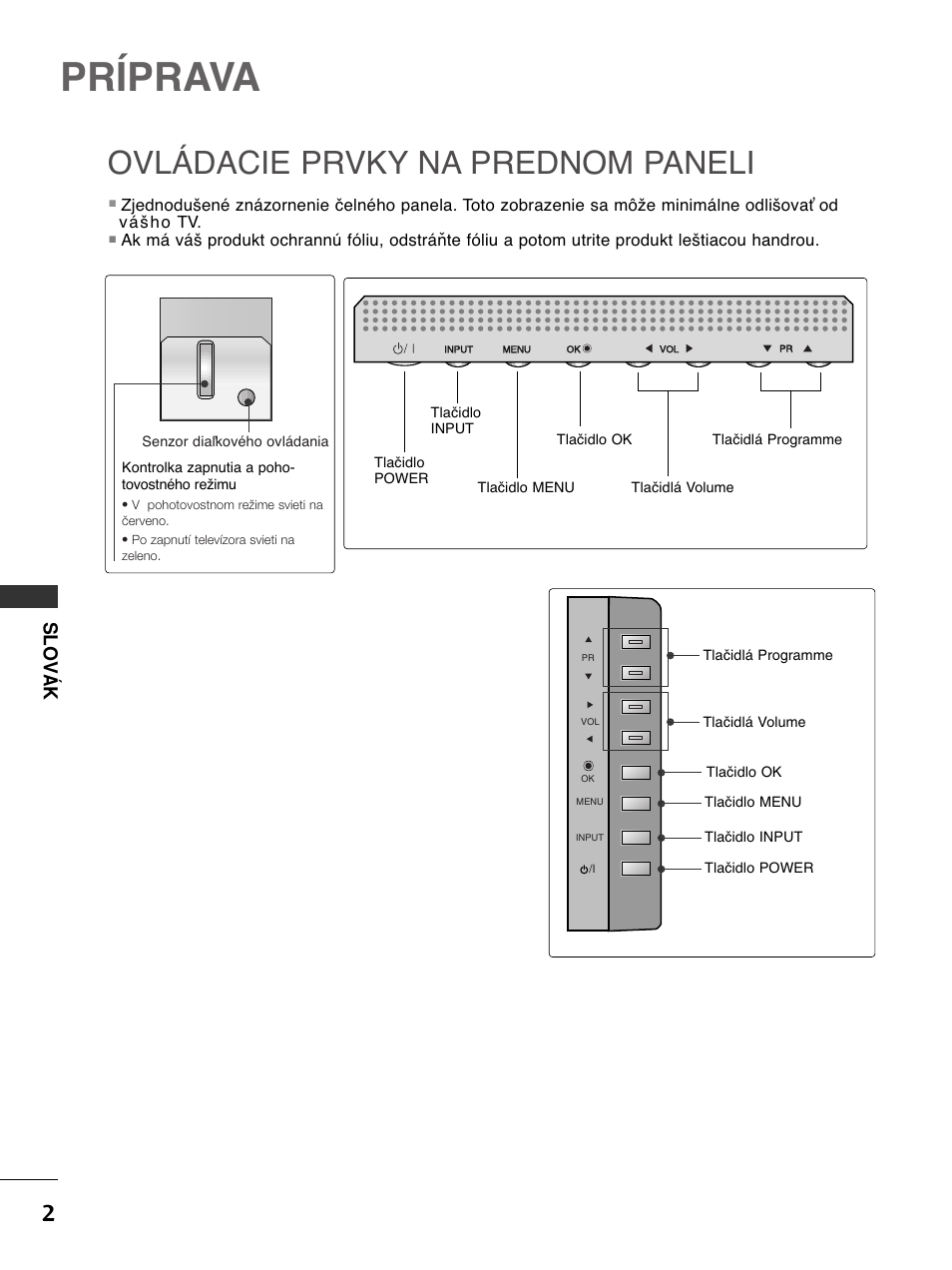 Príprava, Ovládacie prvky na prednom paneli, Slov á k | LG 50PC51 User Manual | Page 230 / 448
