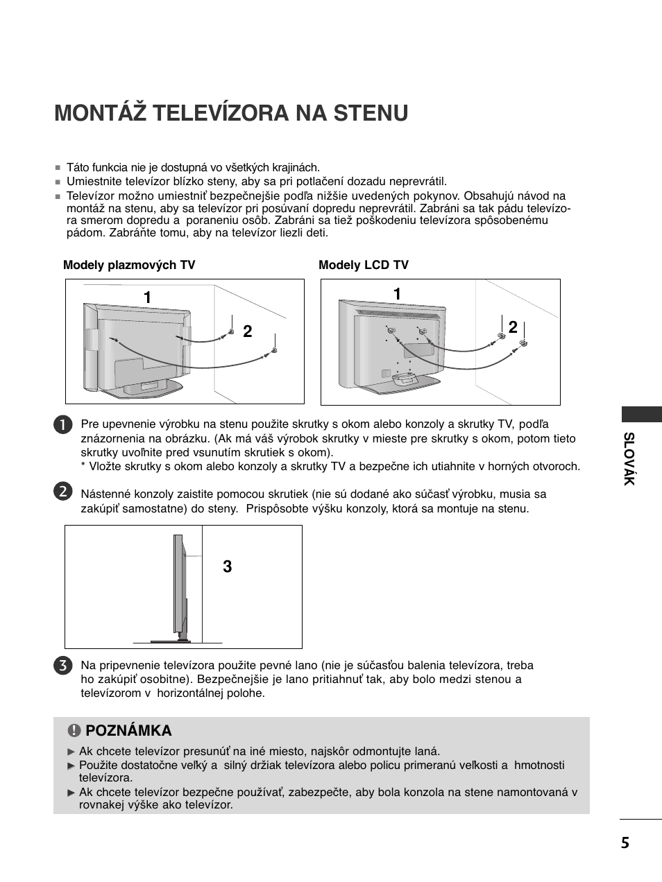 Montáž televízora na stenu, Poznámka | LG 50PC51 User Manual | Page 233 / 448