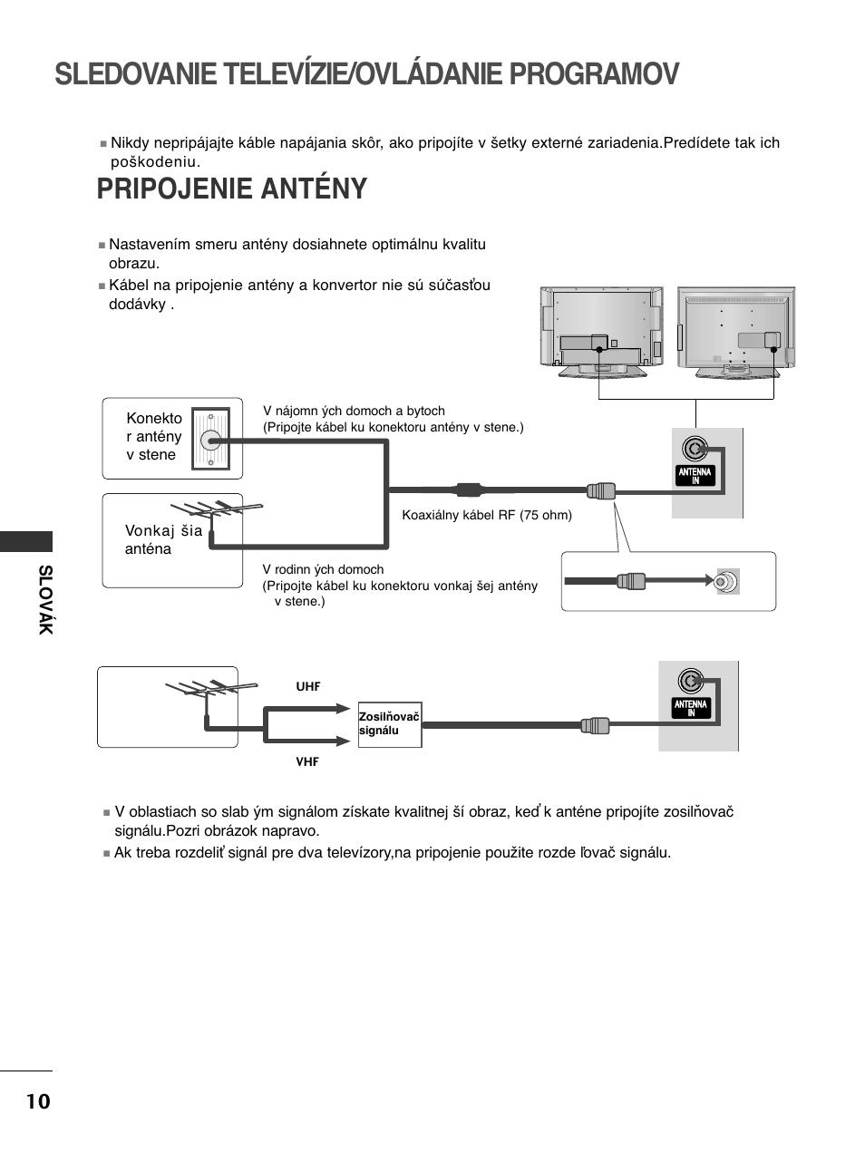 Sledovanie televízie/ovládanie programov, Pripojenie antény, Slov á k | Vonkaj šia anténa konekto r antény v stene, Koaxiálny kábel rf (75 ohm) uhf | LG 50PC51 User Manual | Page 238 / 448