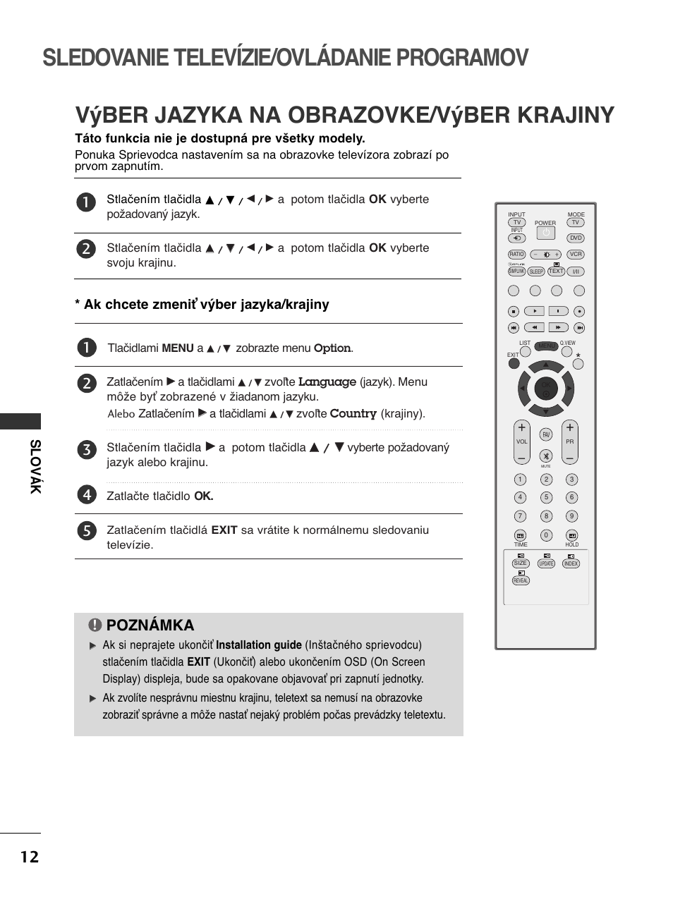 Sledovanie televízie/ovládanie programov, Výber jazyka na obrazovke/výber krajiny, Poznámka | Ak chcete zmeniť výber jazyka/krajiny, Slov á k, Táto funkcia nie je dostupná pre všetky modely | LG 50PC51 User Manual | Page 240 / 448