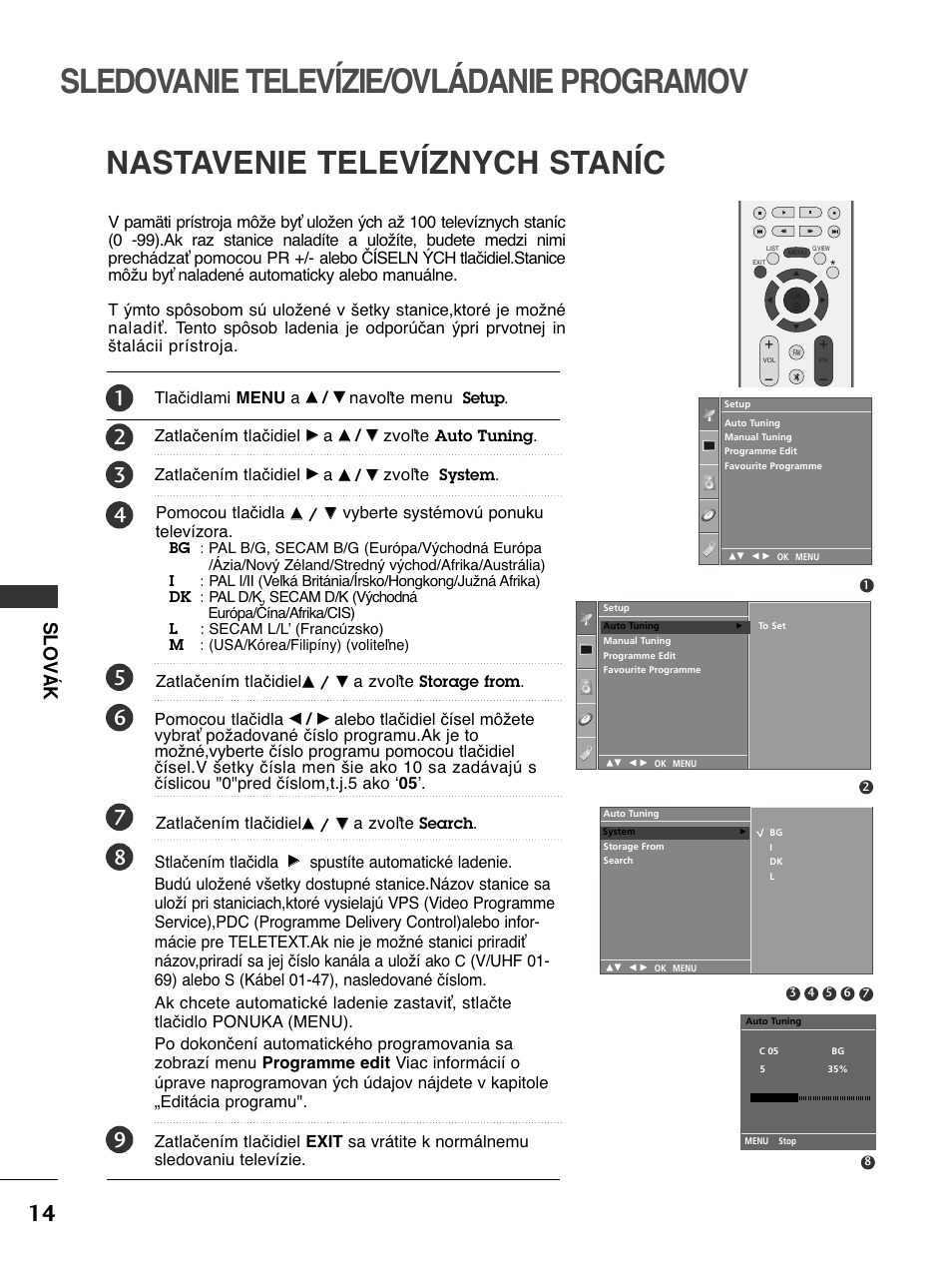 Sledovanie televízie/ovládanie programov, Nastavenie televíznych staníc, Slov á k | LG 50PC51 User Manual | Page 242 / 448
