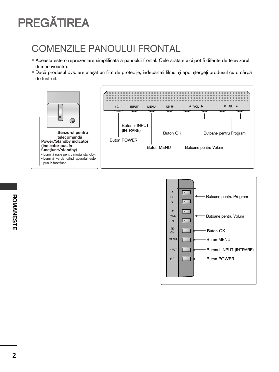 Ppr re eg g√ √t tiir re ea a, Comenzile panoului frontal | LG 50PC51 User Manual | Page 250 / 448