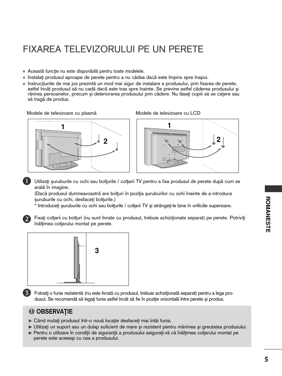 Fixarea televizorului pe un perete, Observaﬁie | LG 50PC51 User Manual | Page 253 / 448