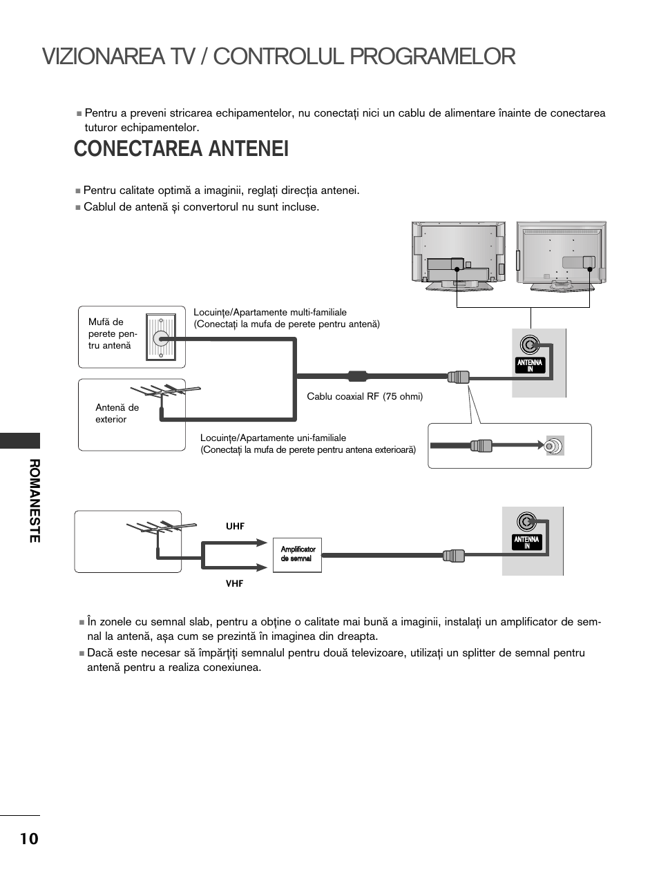 Vizionarea tv / controlul programelor, Conectarea antenei, Romaneste | Cablul de anten„ ∫i convertorul nu sunt incluse | LG 50PC51 User Manual | Page 258 / 448