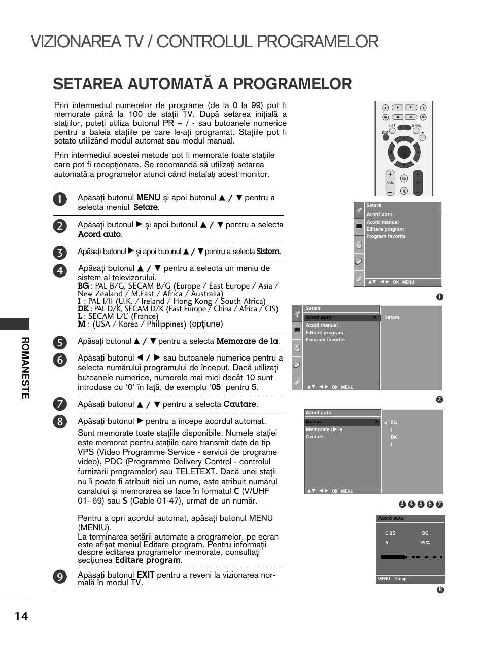 Vizionarea tv / controlul programelor, Setarea automat√ a programelor, Romaneste | LG 50PC51 User Manual | Page 262 / 448