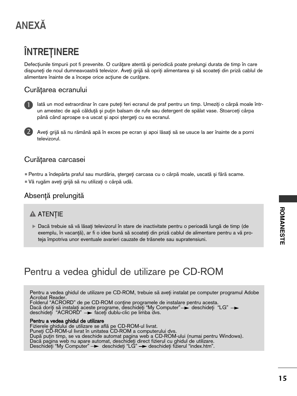 Anex, Cur„˛area ecranului, Cur„˛area carcasei | Absen˛„ prelungit | LG 50PC51 User Manual | Page 263 / 448