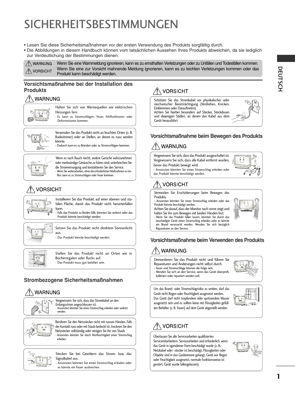 Sicherheitsbestimmungen, Deutsch, Strombezogene sicherheitsmaßnahmen | Vorsichtsmaßnahme beim bewegen des produkts, Vorsichtsmaßnahme beim verwenden des produkts | LG 50PC51 User Manual | Page 27 / 448