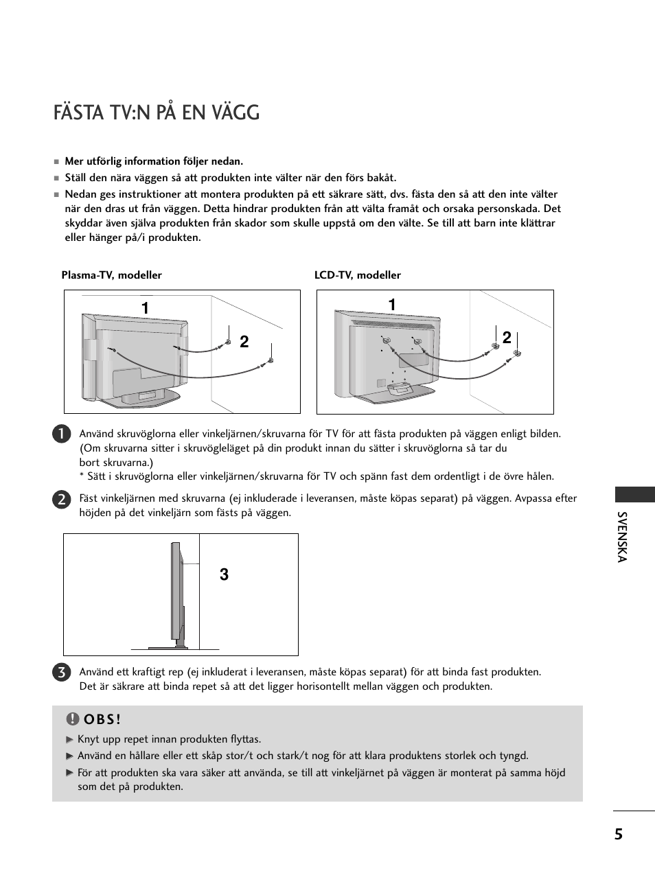 Fästa tv:n på en vägg, O b s | LG 50PC51 User Manual | Page 293 / 448