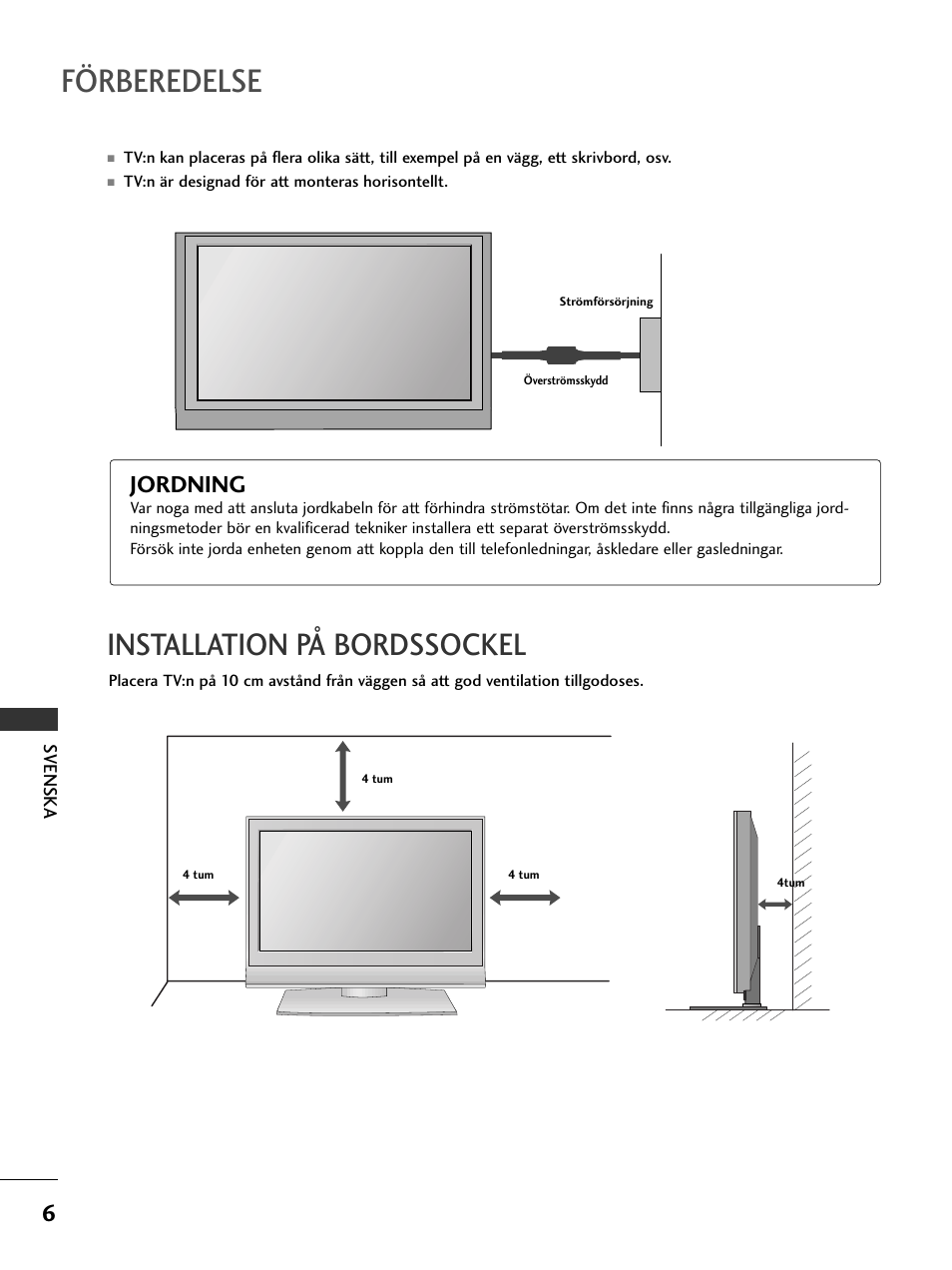Förberedelse, Installation på bordssockel, Jordning | LG 50PC51 User Manual | Page 294 / 448
