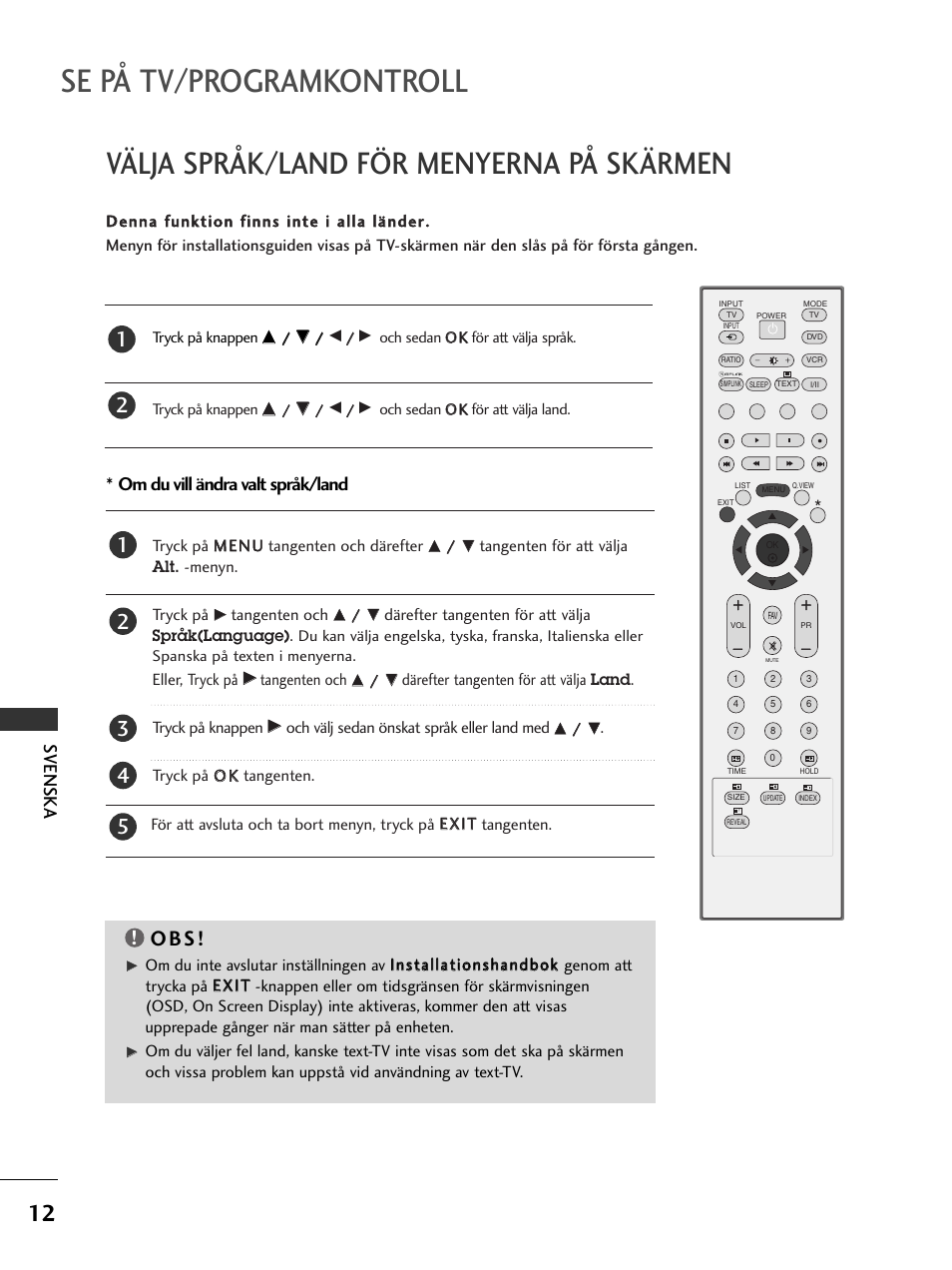 Se på tv/programkontroll, Välja språk/land för menyerna på skärmen, O b s | Om du vill ändra valt språk/land, Svenska | LG 50PC51 User Manual | Page 300 / 448