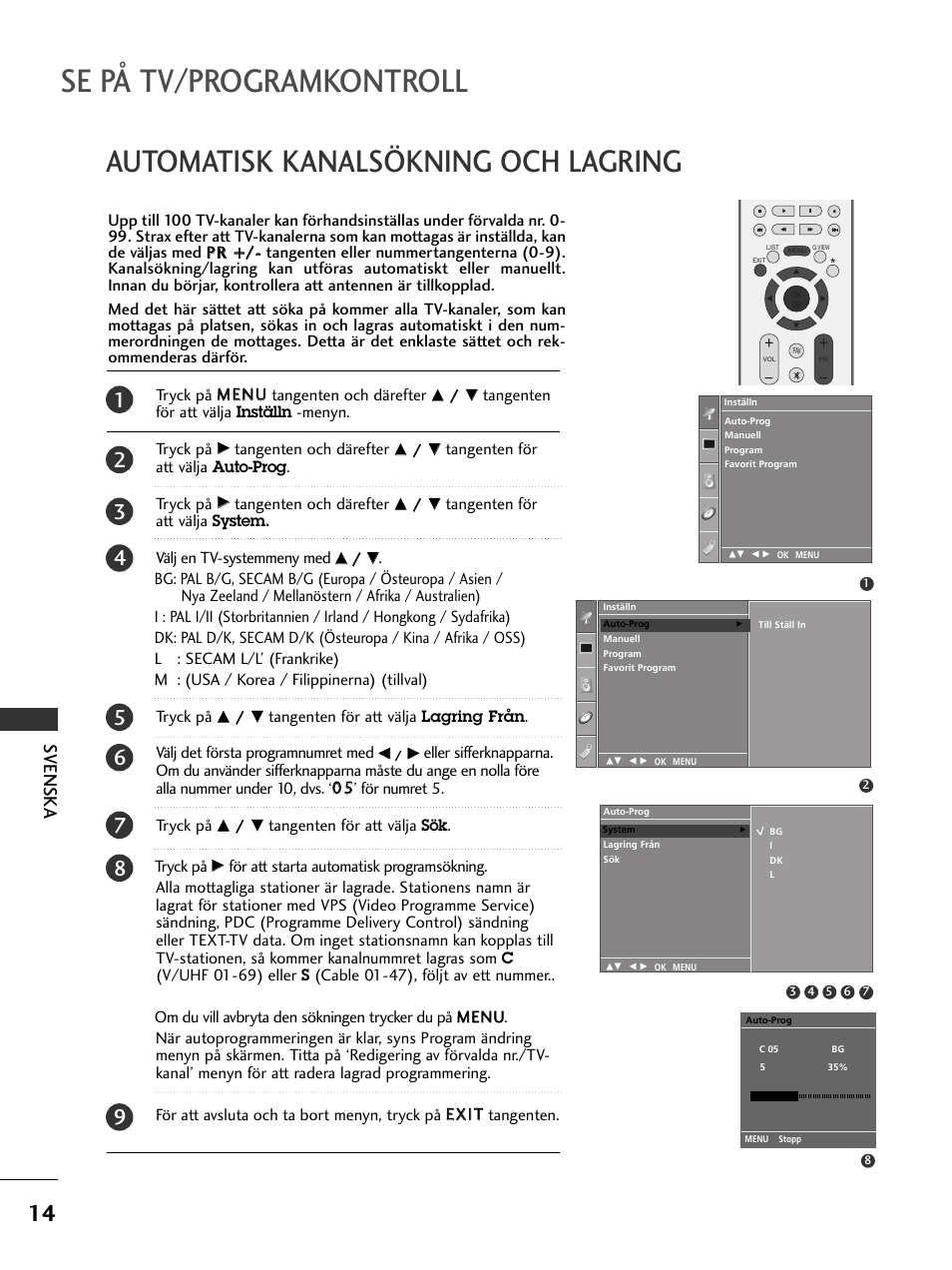 Se på tv/programkontroll, Automatisk kanalsökning och lagring, Svenska | LG 50PC51 User Manual | Page 302 / 448