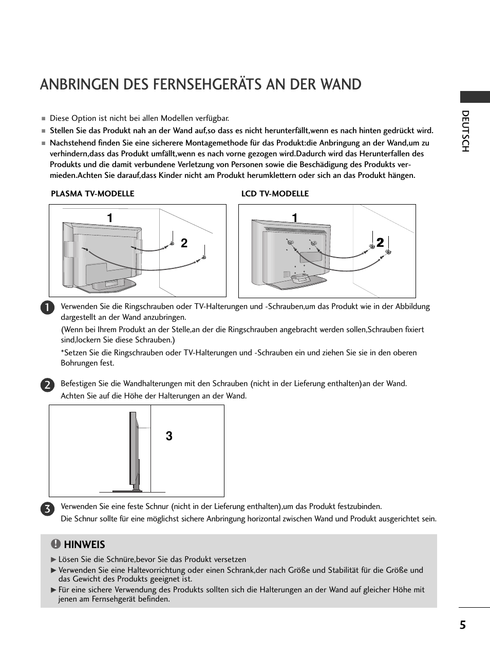 Anbringen des fernsehgeräts an der wand, Hinweis | LG 50PC51 User Manual | Page 31 / 448