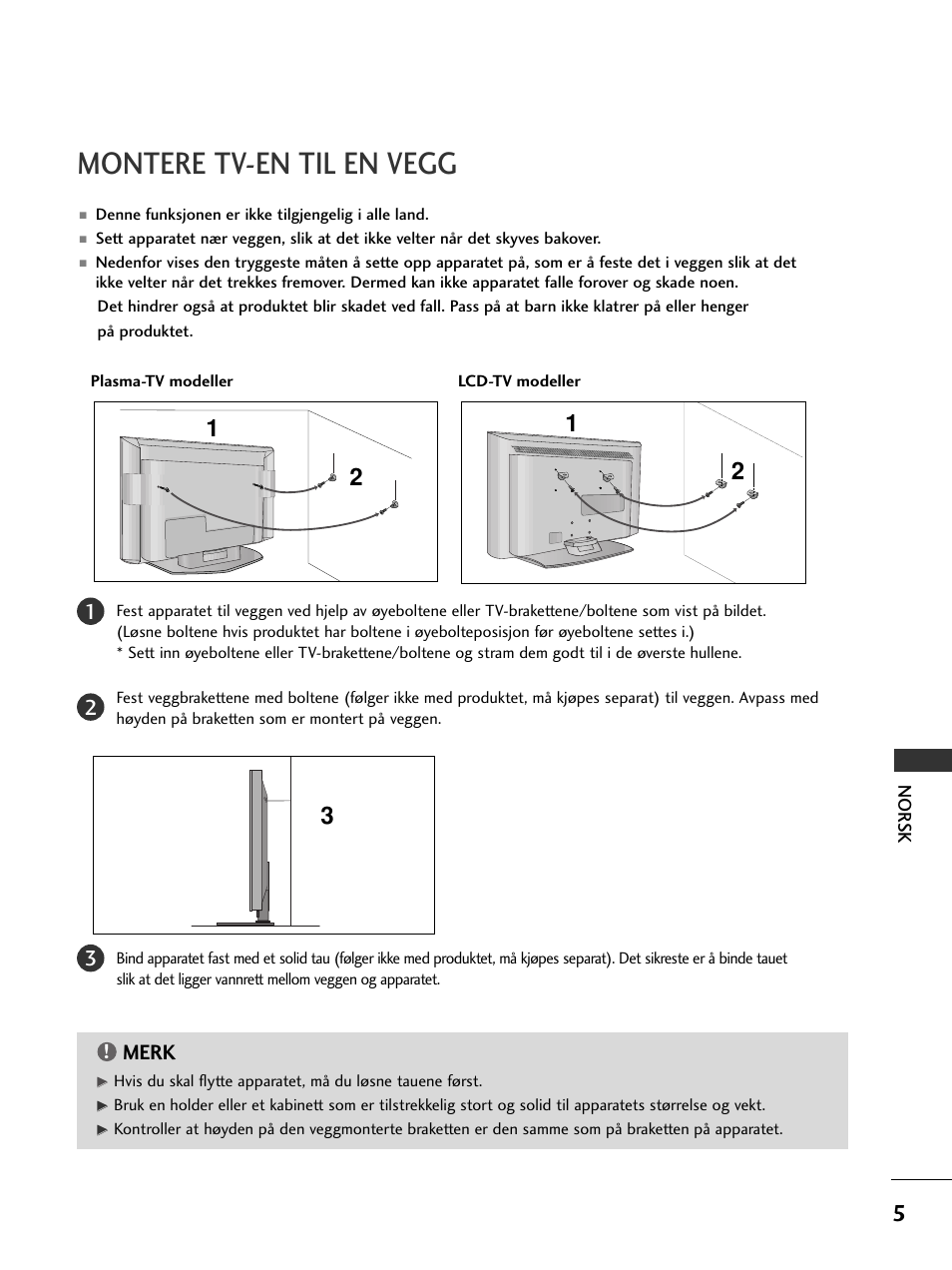 Montere tv-en til en vegg, Merk | LG 50PC51 User Manual | Page 313 / 448