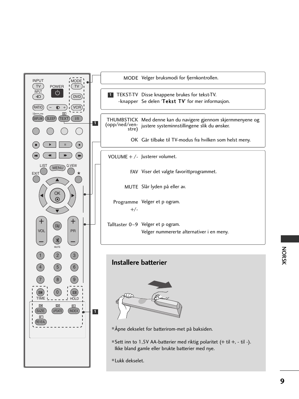 9installere batterier, Nor sk | LG 50PC51 User Manual | Page 317 / 448