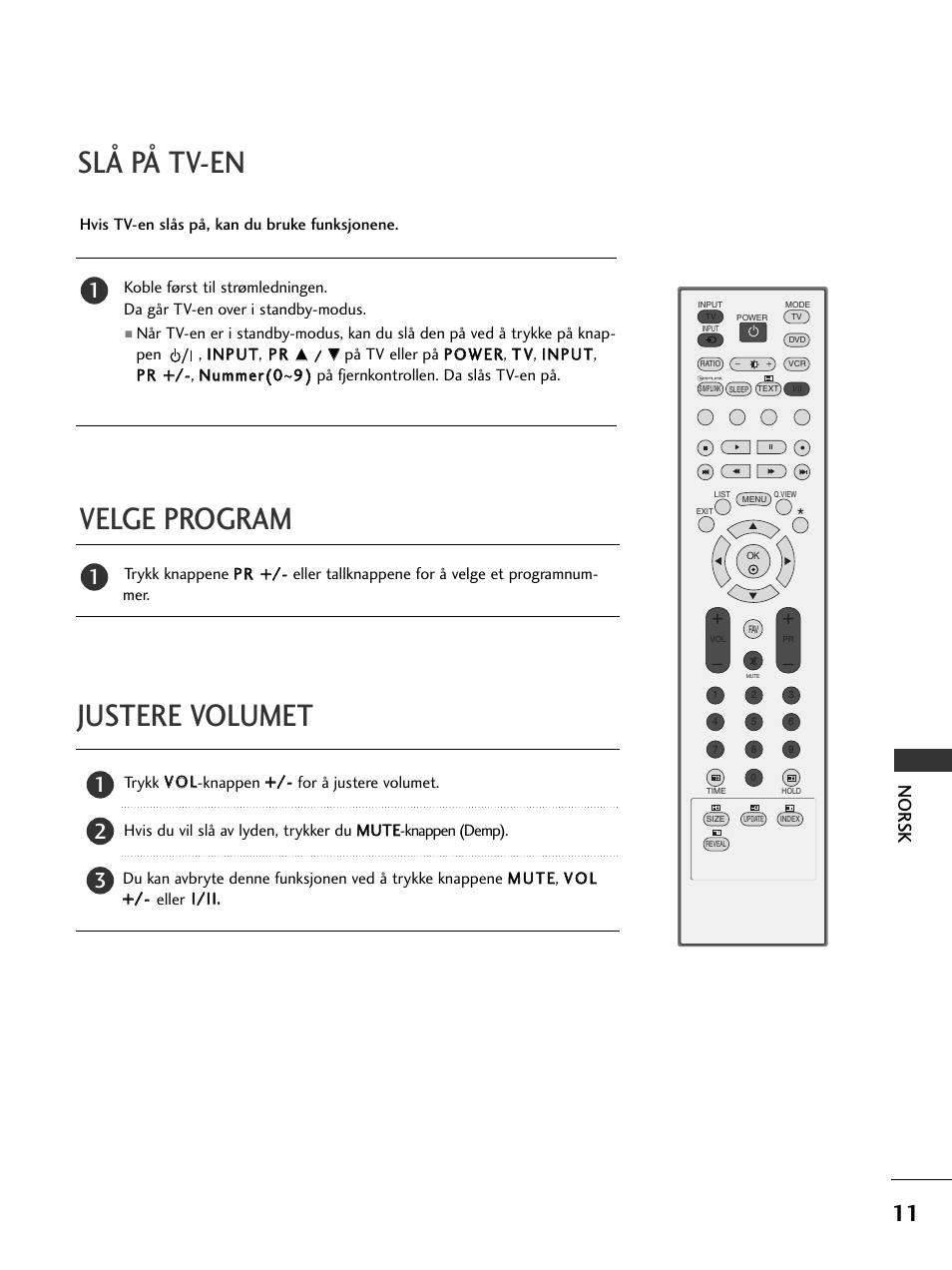 Velge program slå på tv-en, Justere volumet, Nor sk | LG 50PC51 User Manual | Page 319 / 448