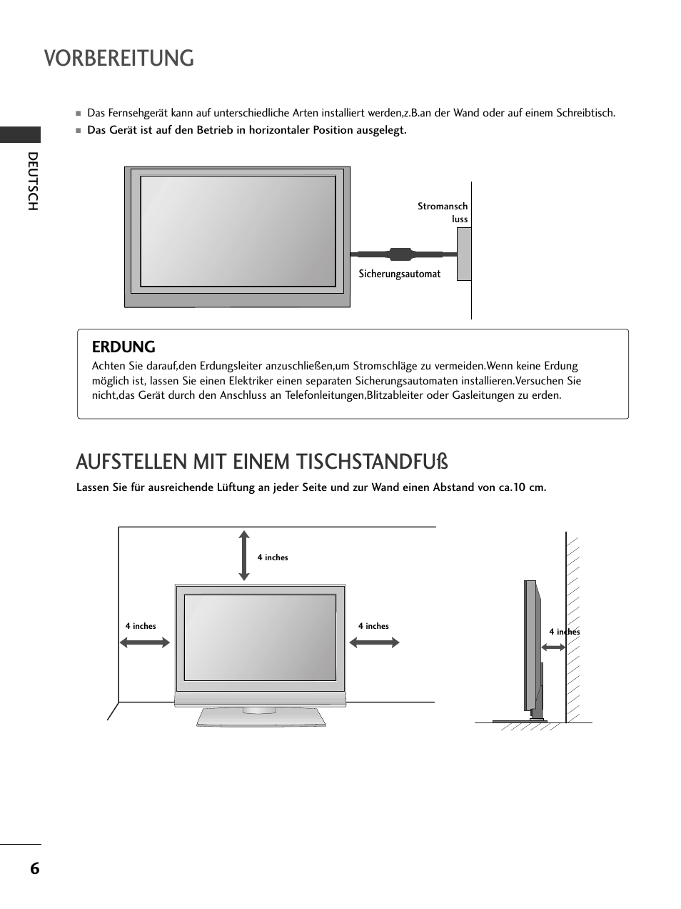 Vorbereitung, Aufstellen mit einem tischstandfuß, Erdung | LG 50PC51 User Manual | Page 32 / 448