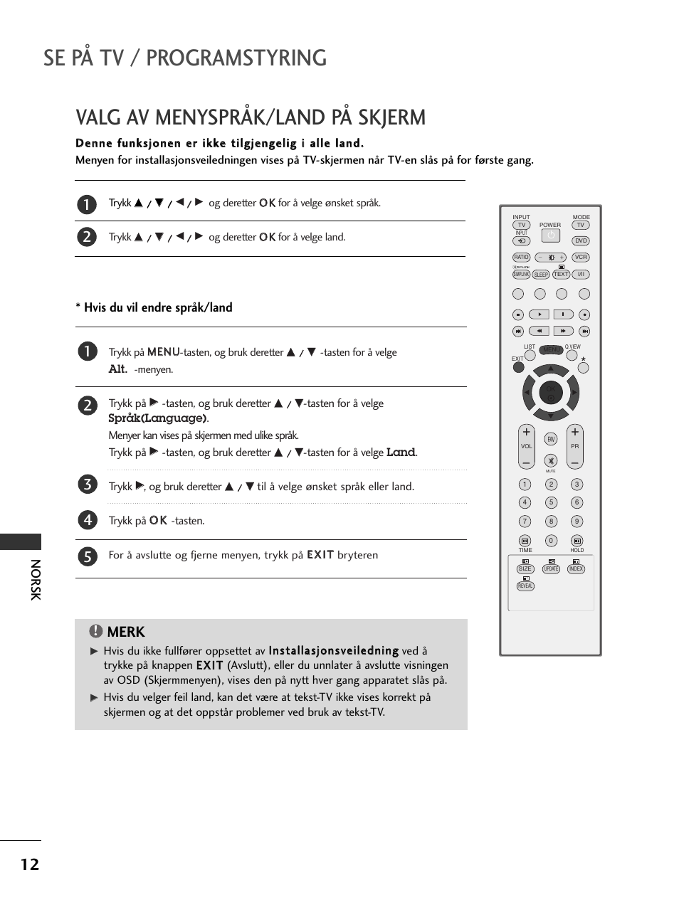 Se på tv / programstyring, Valg av menyspråk/land på skjerm, Merk | Nor sk, Hvis du vil endre språk/land | LG 50PC51 User Manual | Page 320 / 448