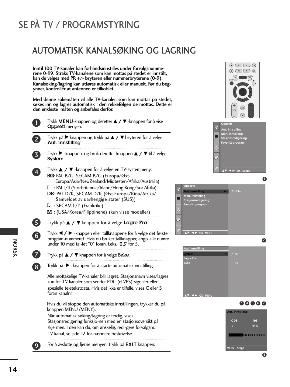 Se på tv / programstyring, Automatisk kanalsøking og lagring, Nor sk | LG 50PC51 User Manual | Page 322 / 448