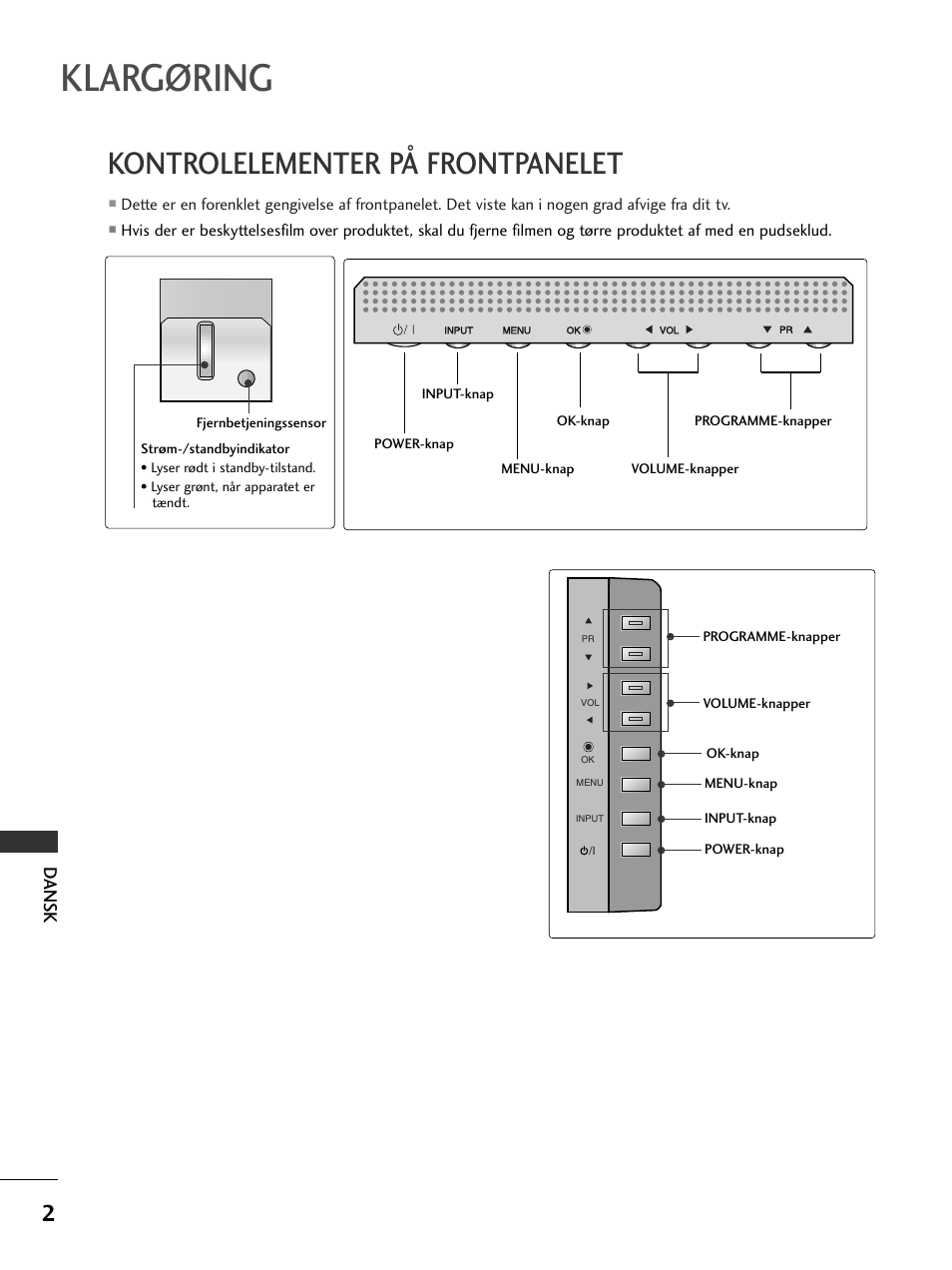 Klargøring, Kontrolelementer på frontpanelet, Dansk | LG 50PC51 User Manual | Page 350 / 448