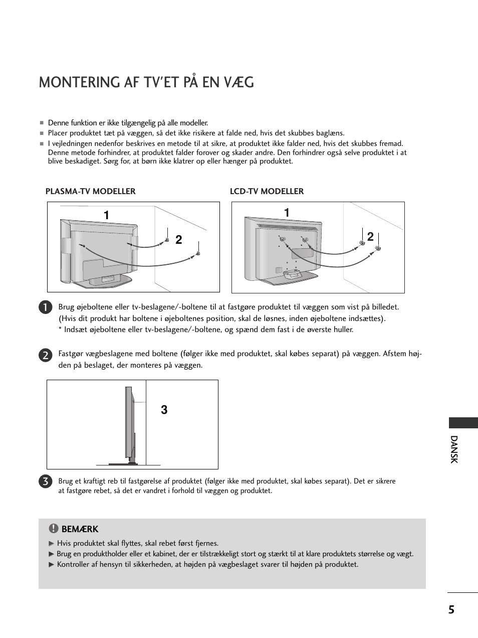 Montering af tv'et på en væg | LG 50PC51 User Manual | Page 353 / 448