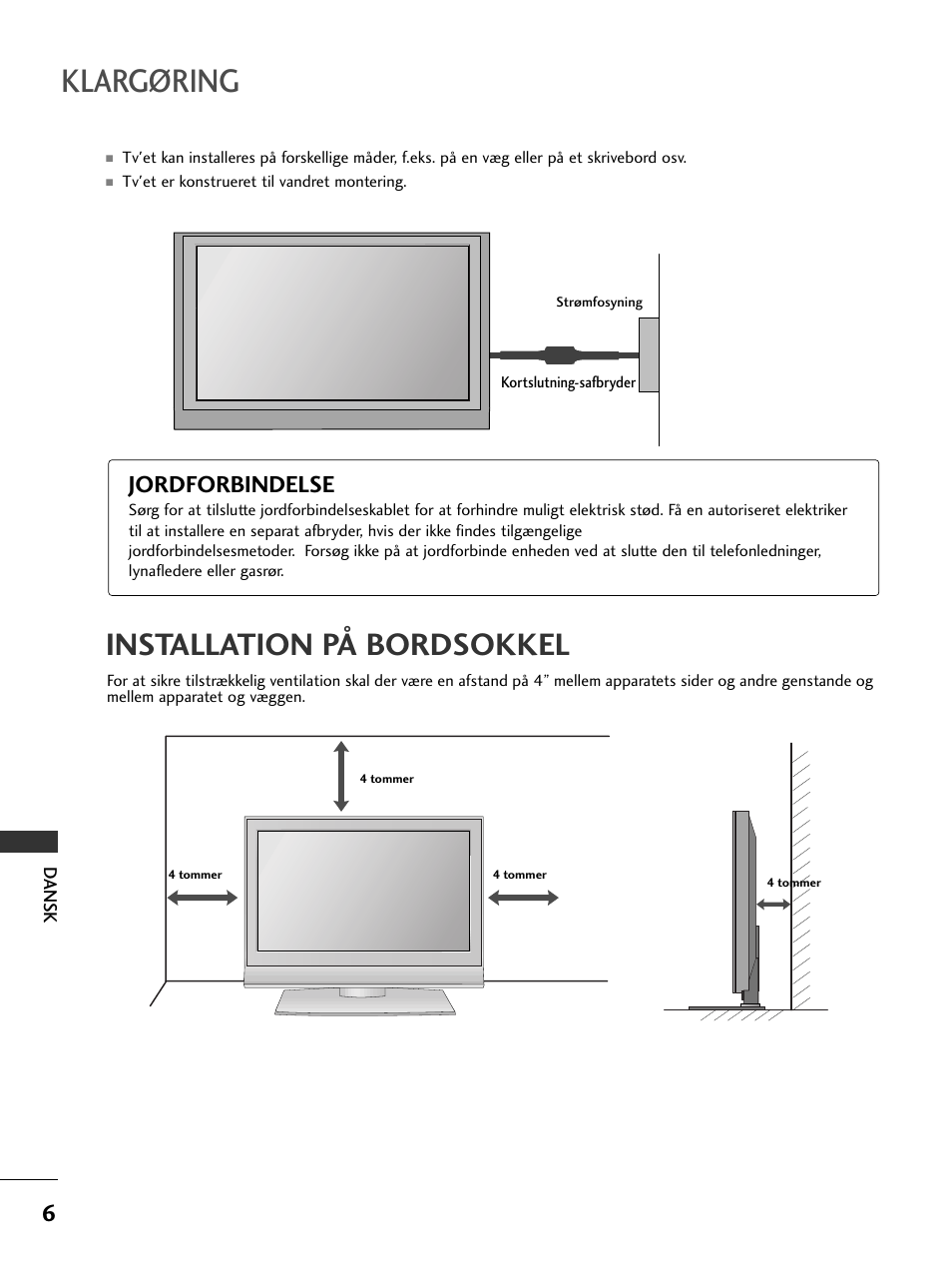 Klargøring, Installation på bordsokkel, Jordforbindelse | LG 50PC51 User Manual | Page 354 / 448