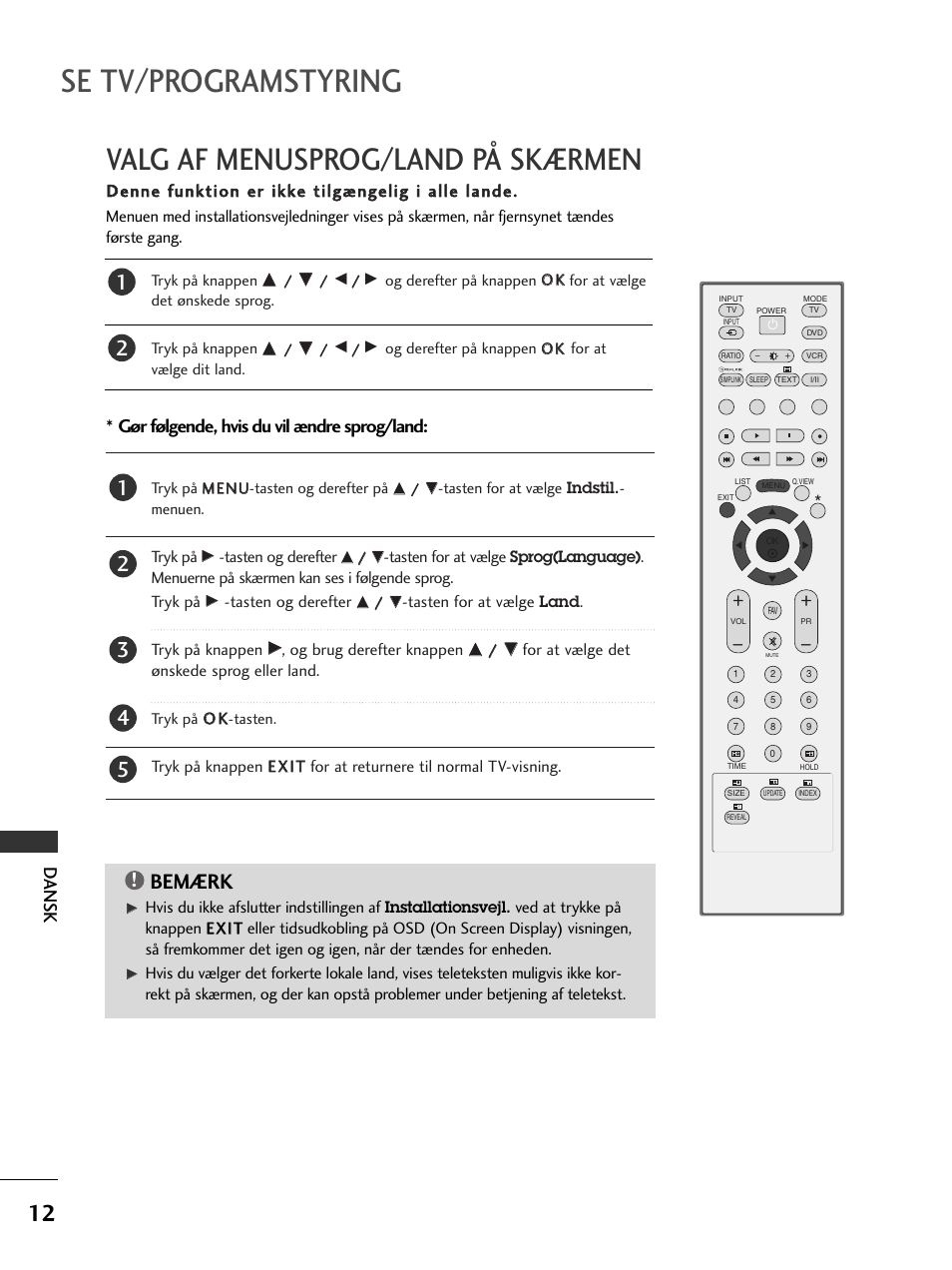 Se tv/programstyring, Valg af menusprog/land på skærmen, Bemærk | Dansk, Gør følgende, hvis du vil ændre sprog/land | LG 50PC51 User Manual | Page 360 / 448