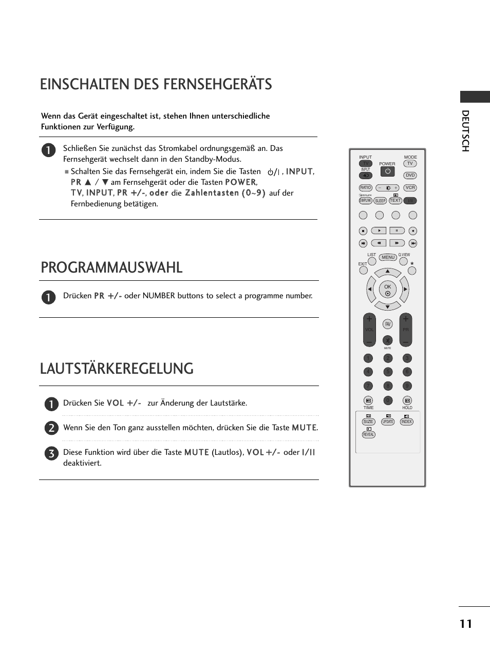 Programmauswahl einschalten des fernsehgeräts, Lautstärkeregelung, Deutsch | LG 50PC51 User Manual | Page 37 / 448