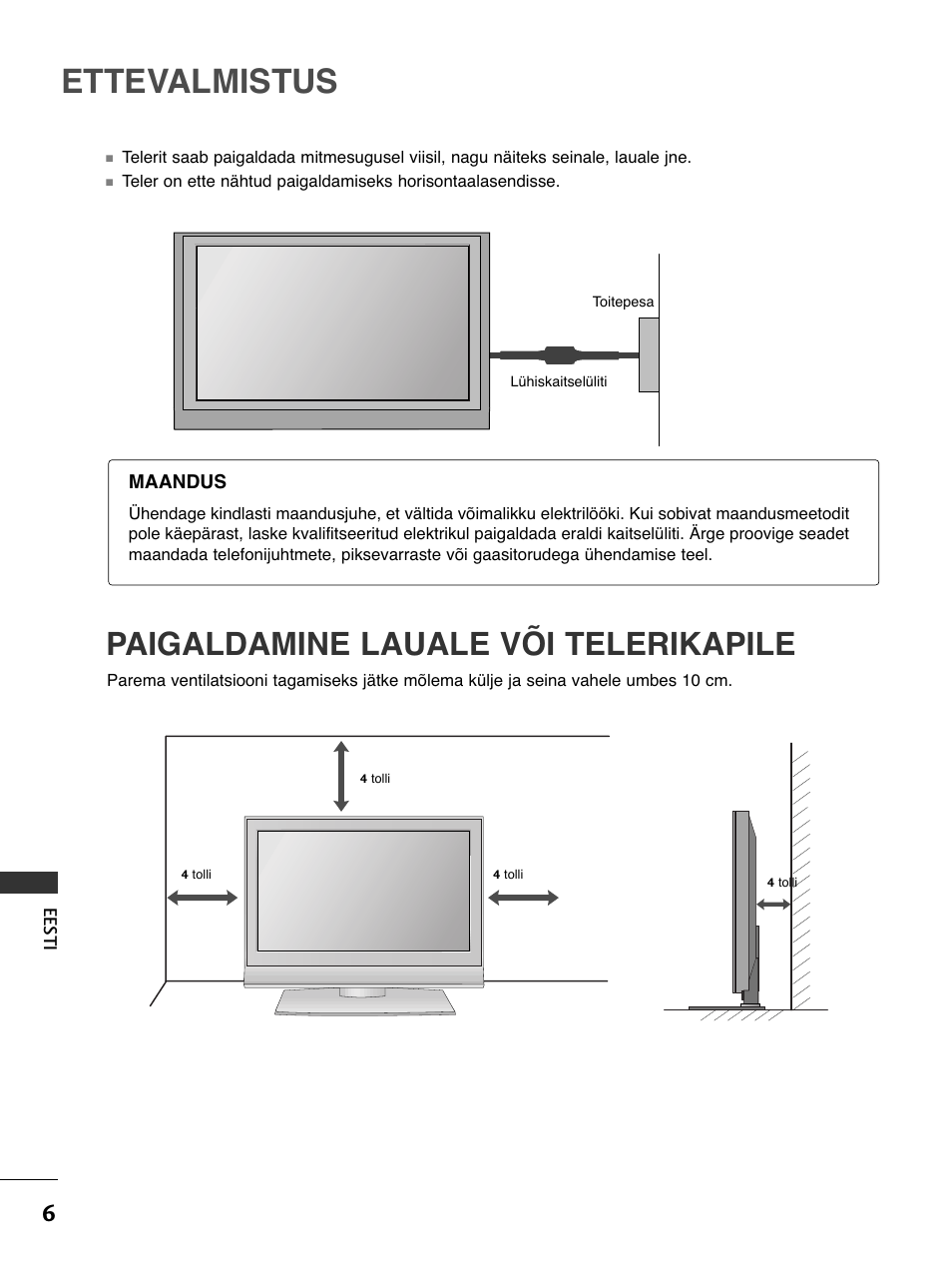 Ettevalmistus, Paigaldamine lauale või telerikapile | LG 50PC51 User Manual | Page 374 / 448