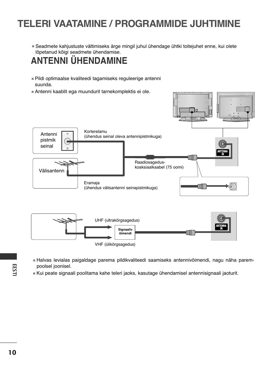 Teleri vaatamine / programmide juhtimine, Antenni ühendamine, Ees ti | Välisantenn antenni pistmik seinal, Vhf (ülikõrgsagedus), Av 1 av 2 | LG 50PC51 User Manual | Page 378 / 448