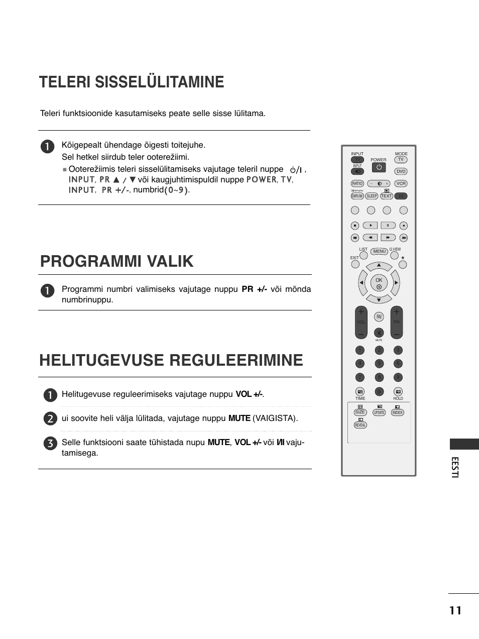Programmi valik teleri sisselülitamine, Helitugevuse reguleerimine, Ees ti | LG 50PC51 User Manual | Page 379 / 448
