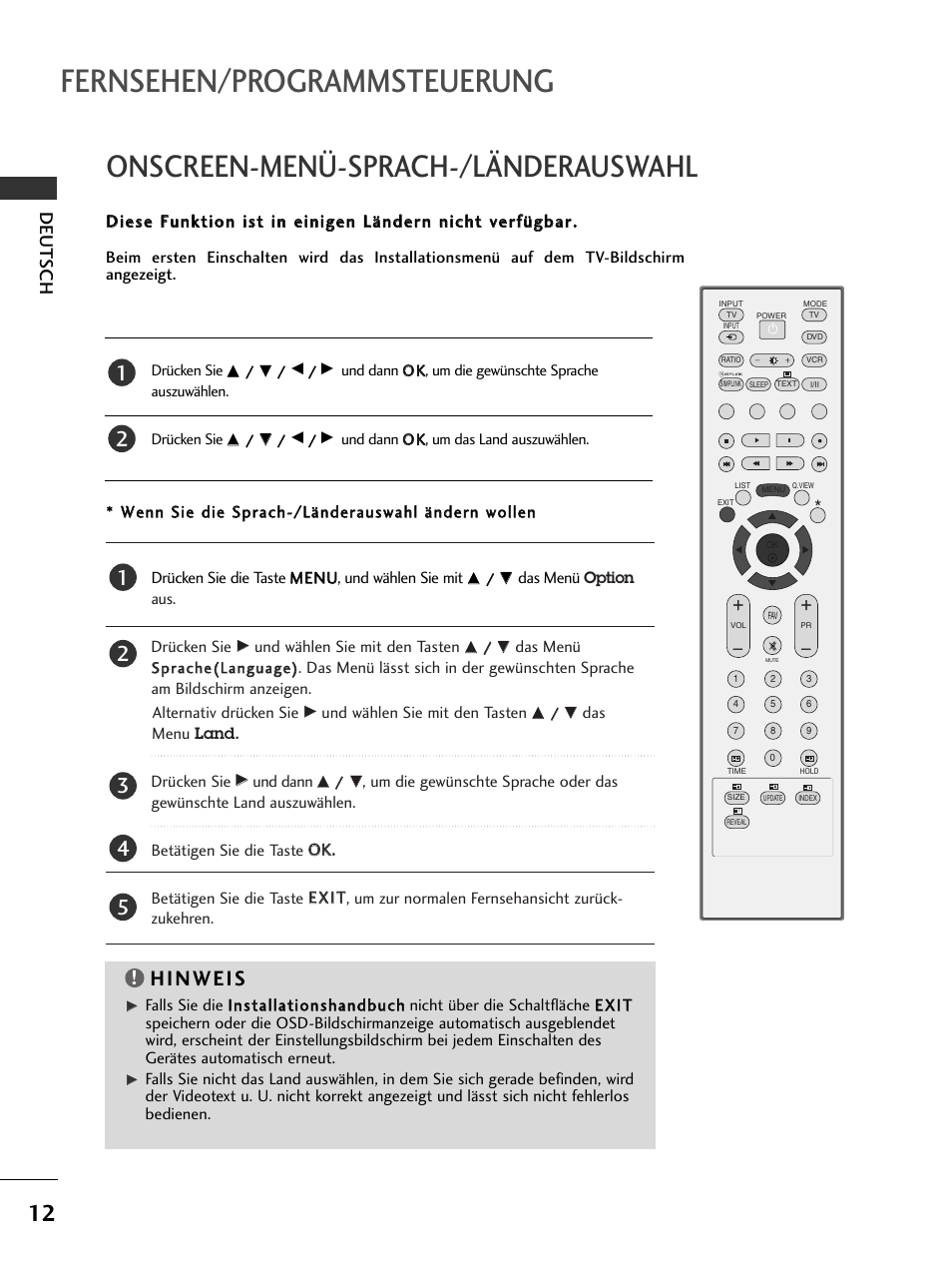 Fernsehen/programmsteuerung, Onscreen-menü-sprach-/länderauswahl, Deutsch | LG 50PC51 User Manual | Page 38 / 448