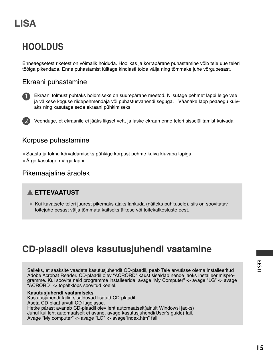 Lisa, Hooldus cd-plaadil oleva kasutusjuhendi vaatamine, Ekraani puhastamine | Korpuse puhastamine, Pikemaajaline äraolek | LG 50PC51 User Manual | Page 383 / 448