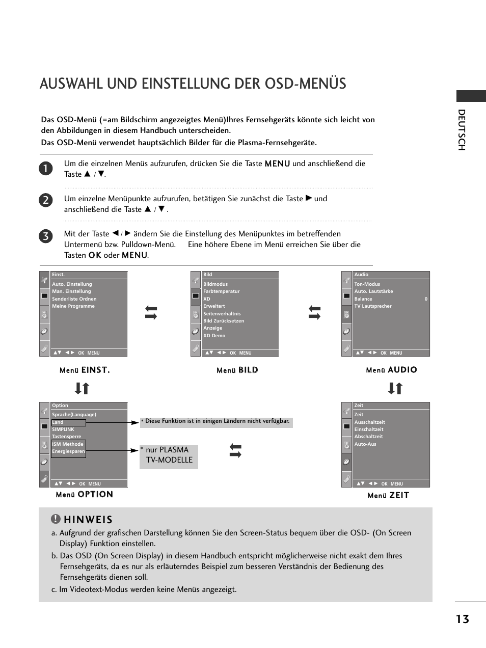 Auswahl und einstellung der osd-menüs, Deutsch | LG 50PC51 User Manual | Page 39 / 448