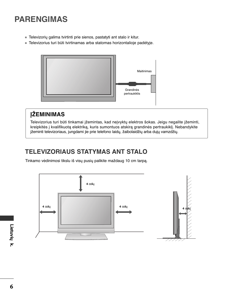 Parengimas, Televizoriaus statymas ant stalo, Įžeminimas | LG 50PC51 User Manual | Page 394 / 448
