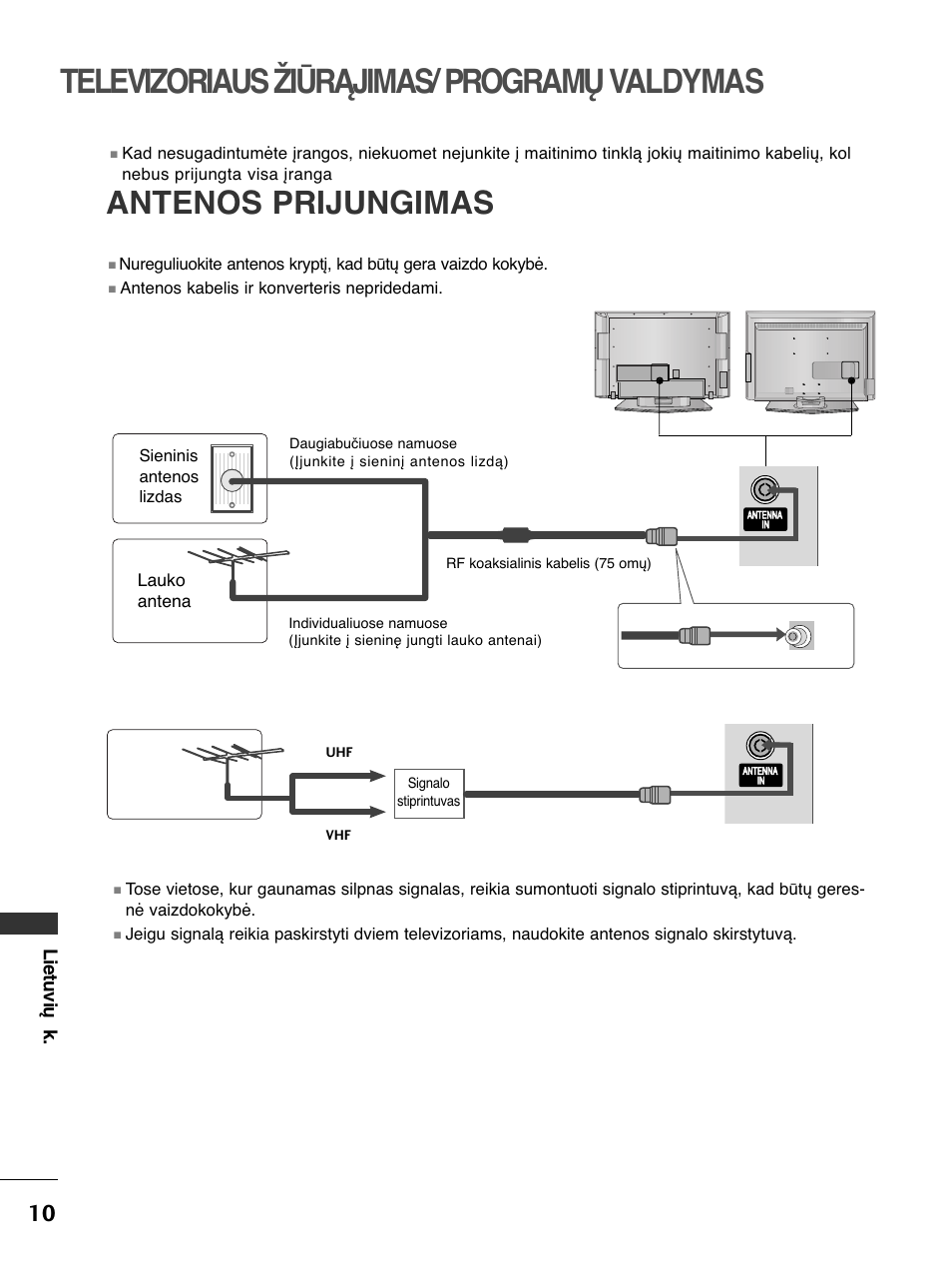 Televizoriaus žiūrąjimas/ programų valdymas, Antenos prijungimas, Lietuvių k | Lauko antena, Antenos kabelis ir konverteris nepridedami, Sieninis antenos lizdas | LG 50PC51 User Manual | Page 398 / 448