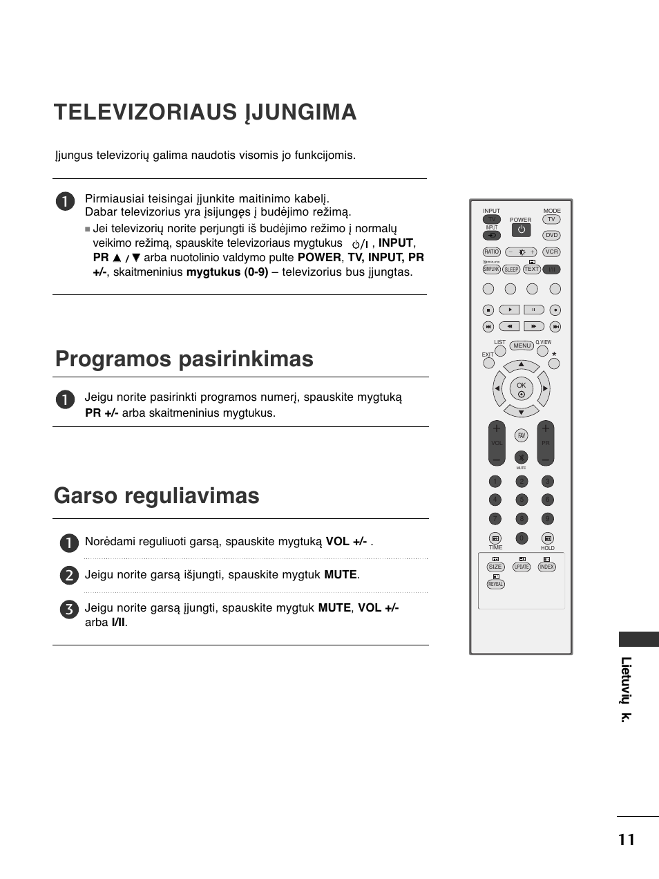 Programos pasirinkimas televizoriaus įjungima, Garso reguliavimas, Lietuvių k | LG 50PC51 User Manual | Page 399 / 448