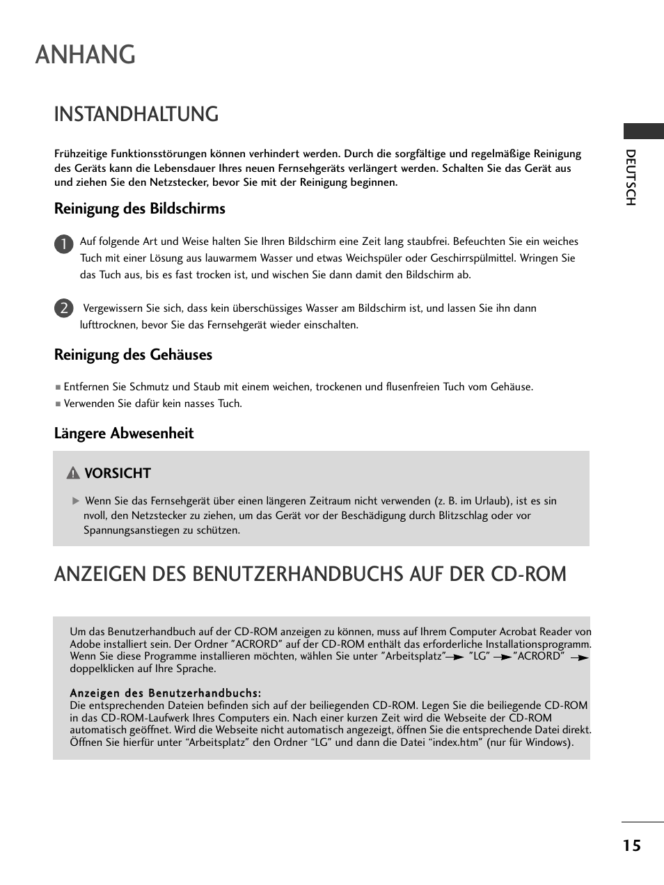 Anhang, Reinigung des bildschirms, Reinigung des gehäuses | Längere abwesenheit | LG 50PC51 User Manual | Page 41 / 448