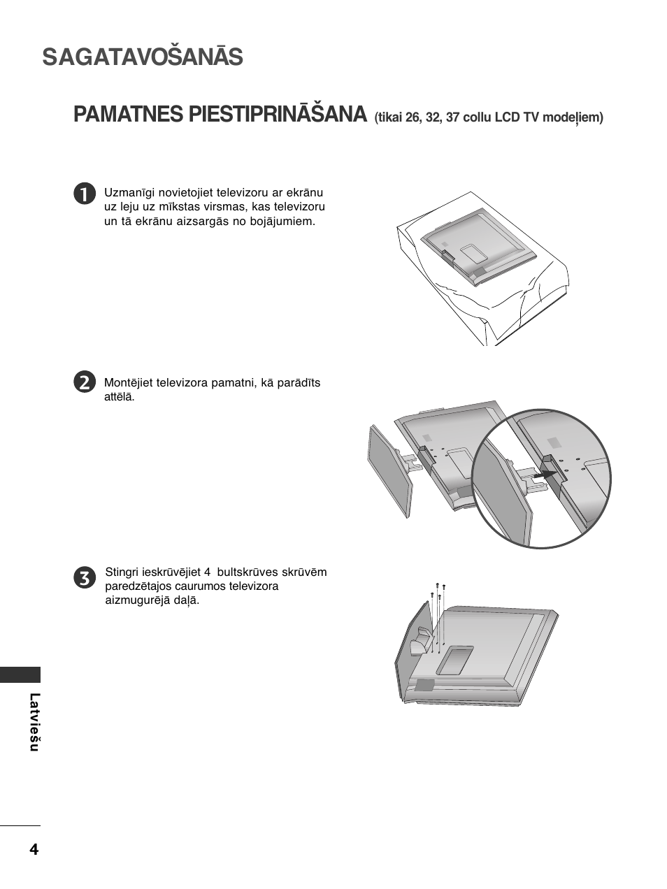 Sagatavošanās, Pamatnes piestiprināšana | LG 50PC51 User Manual | Page 412 / 448
