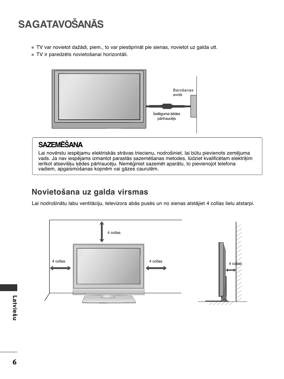 Sagatavošanās, Novietošana uz galda virsmas, Sazemēšana | LG 50PC51 User Manual | Page 414 / 448