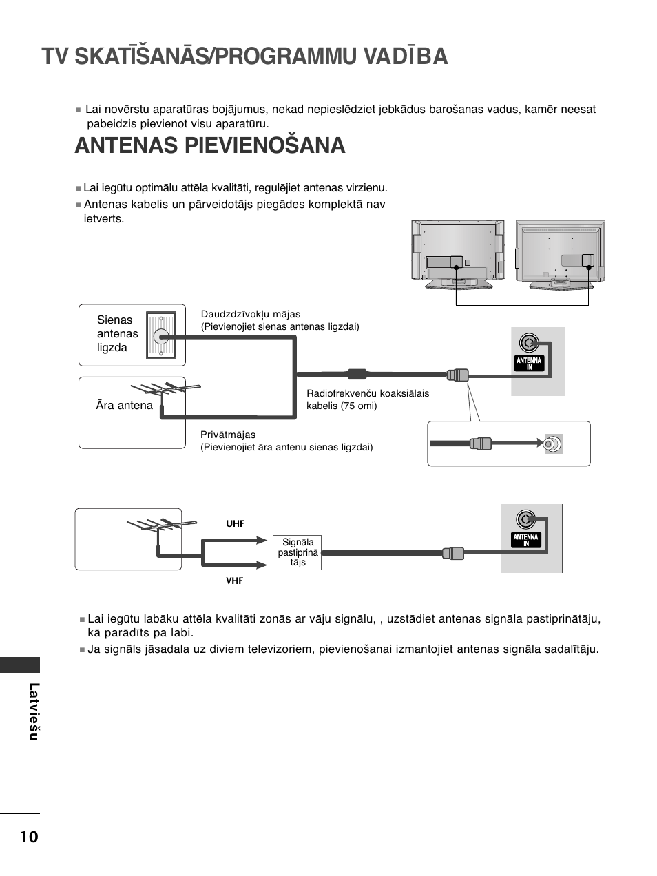Tv skatīšanās/programmu vadība, Antenas pievienošana, Latviešu | Āra antena sienas antenas ligzda | LG 50PC51 User Manual | Page 418 / 448
