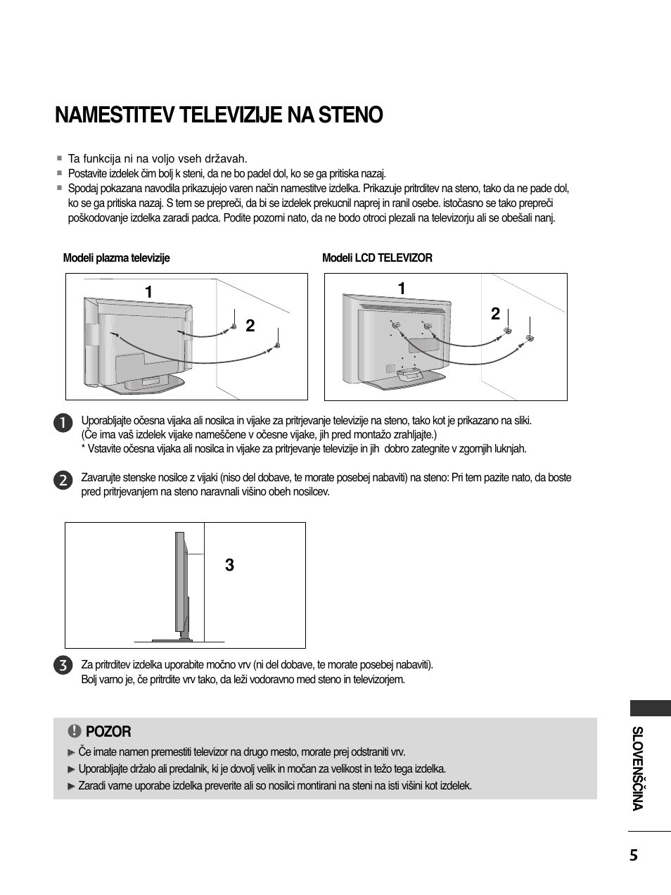 Namestitev televizije na steno, Pozor | LG 50PC51 User Manual | Page 433 / 448