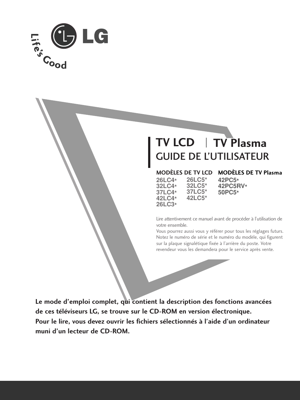 Tv lcd tv plasma, Guide de l’utilisateur | LG 50PC51 User Manual | Page 45 / 448